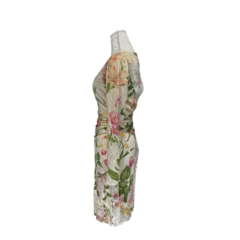 Bill Blass Vintage 80s Silk Floral Sheath Dress Ruched Waist Long Sleeve XS - Picture 4 of 13